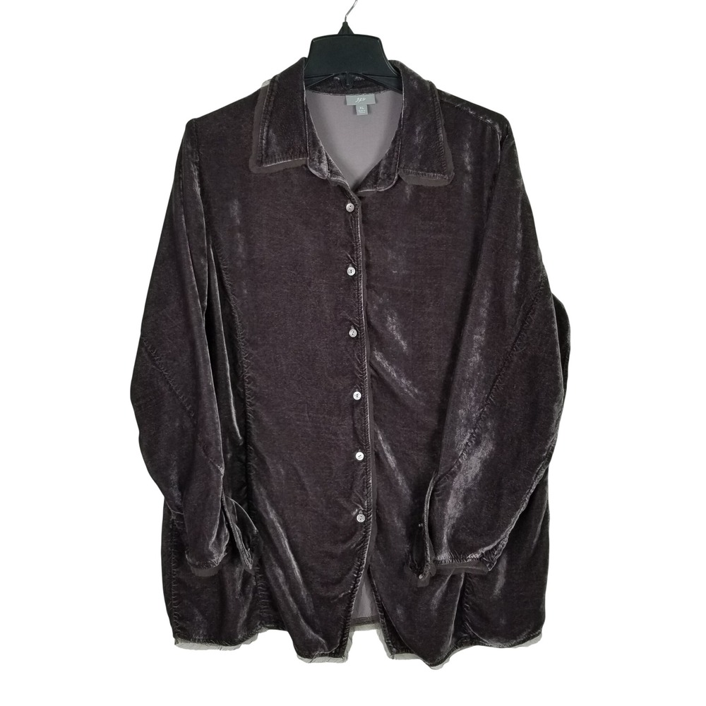 J. Jill Button Down Shirt Women XL Charcoal Grey Rayon Velvet Mesh Trim Relaxed